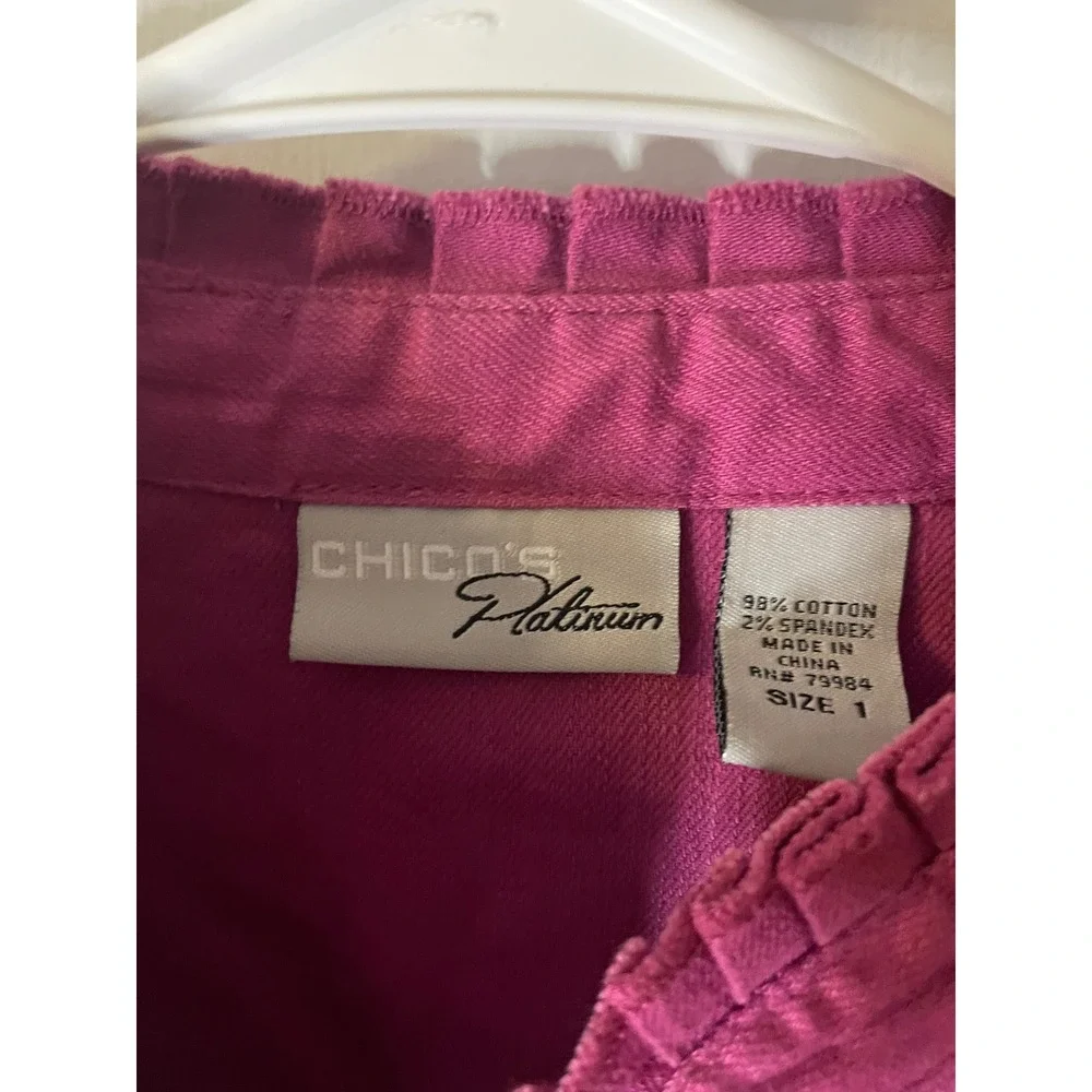 Chico's Platinum Ruffle Trim Jacket Size 1‎ Magenta Cotton Blend medium